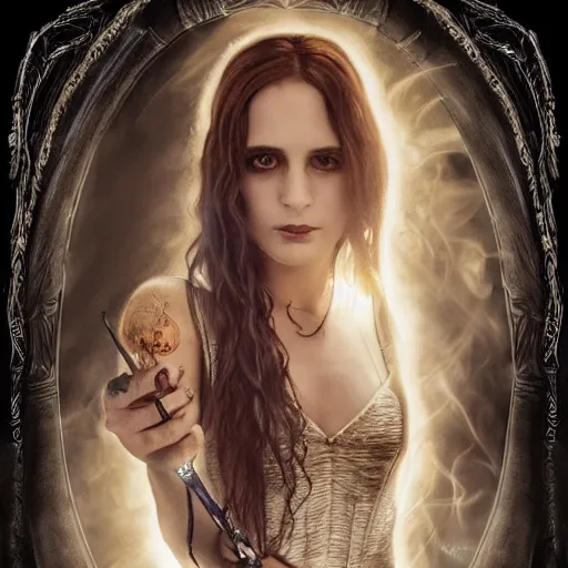 Image similar to Hermione in tattoos conjuring with a magic wand, by luis royo art, dressed beautiful gown, beautiful eyes, Beautiful face, by Aggi Erguna, high detail, high resolution, art from harry potter, by David Lazar and Annie Leibovitz 500px photos, top cinematic lighting ,