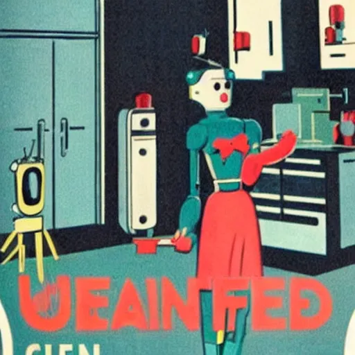 Image similar to fifties robot helps clean the house, domestic android, googie aesthetics