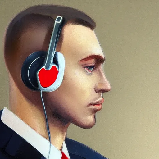 Image similar to portrait of a stork in a suit wearing headphones, high-quality digital art trending on Artstation