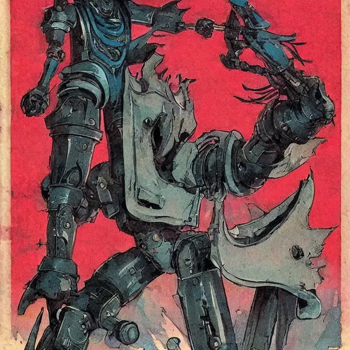 Image similar to a robot hunter from bloodborne in yharnam, style by retrofuturism, faded red and yelow, by malcolm smith, old comics in city, nicholas roerich, katinka reinke