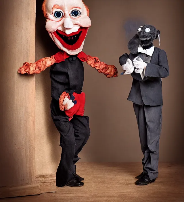 Prompt: hyper realistic photography of lunatic ventriloquist with haunted puppet