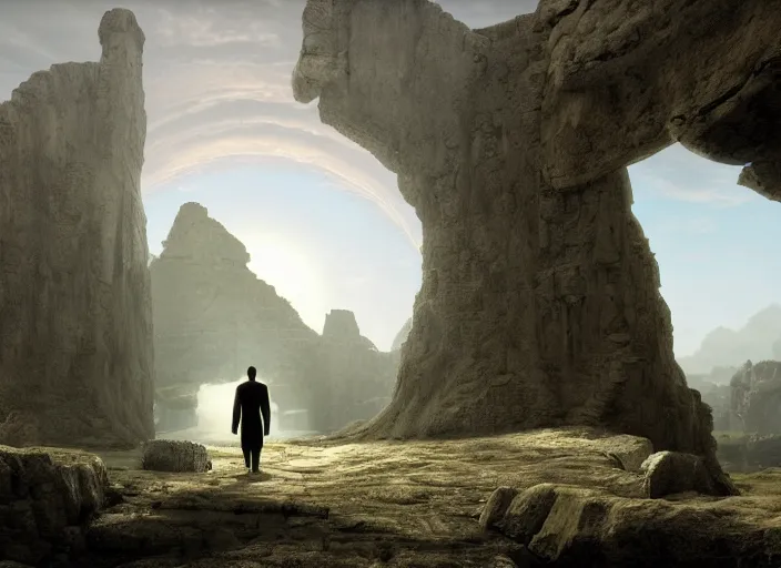 Image similar to a land of ruins of lost civilization with a distant fort in the middle, pure gold pillars, water tunnels below and a magical time gate to another dimension, a man wearing a white robe standing watching over, dramatic lighting, dawn, by caspar david friedrich, unreal engine 5