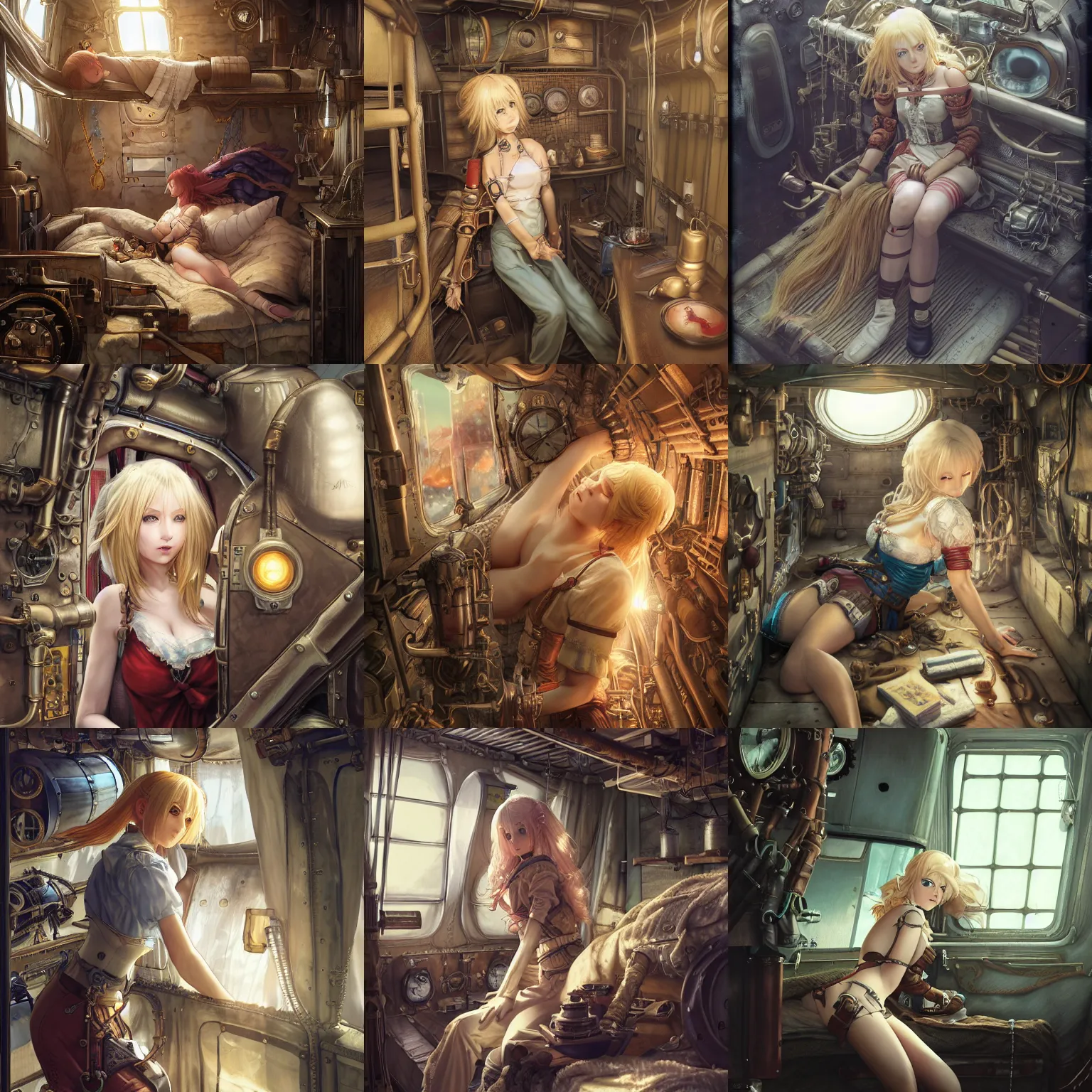 Prompt: Portrait of a blonde female airship mechanic waking up in her cramped bunk, steampunk, gorgeous detailed eyes, color page, tankoban, 4 k, tone mapping, doll, akihiko yoshida, james jean andrei riabovitchev marc simonetti, yoshitaka amano, maidenly