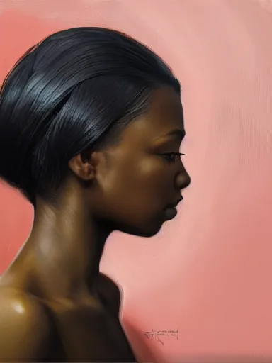 Image similar to detailed side profile portrait painting of a black girl, realistic, artstation, symmetrical, digital painting, in the style of kehinde wiley, artem demura, krenz cushart