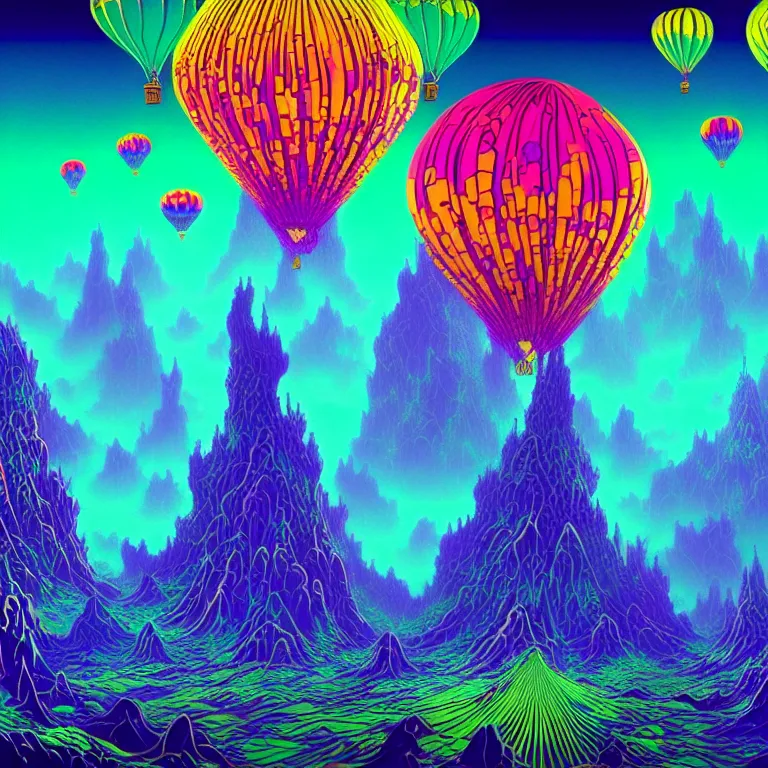 Prompt: mysterious balloons over mystical crystal temple, infinite fractal tesseract, quantum waves, synthwave, bright neon colors, highly detailed, cinematic, eyvind earle, tim white, philippe druillet, roger dean, ernst haeckel, lisa frank, aubrey beardsley, kubrick