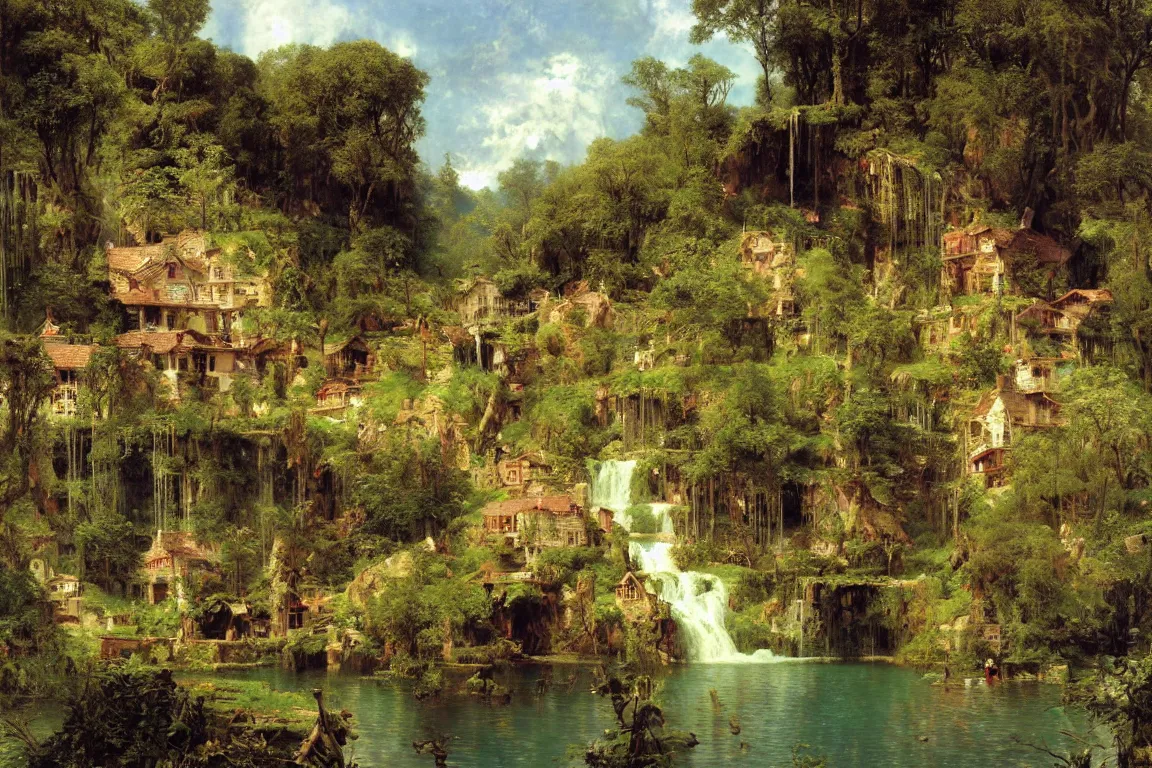 Prompt: a small village by a lake, waterfalls, cascades, very detailed, by john berkey, albert bierstadt, ruan jia, lawrence alma tadema, zdzislaw beksinski, carl spitzweg, everett raymond kinstler, norman rockwell, jack kirby, tom lovell, greg staples