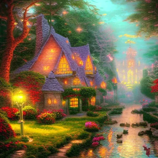 Prompt: “whimsical wonderland by Thomas Kinkade, fantasy, trending on Artstation”