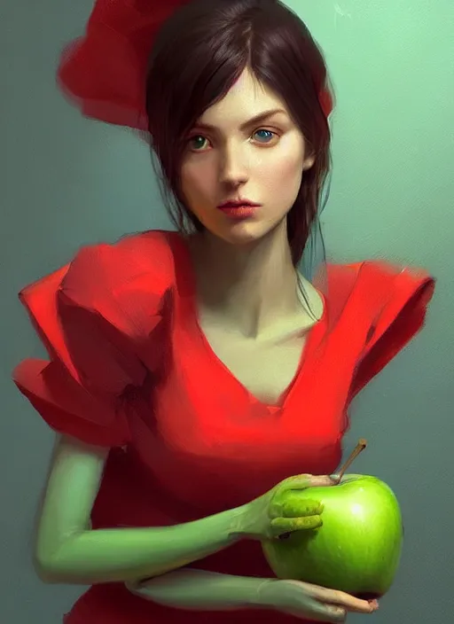 Image similar to a digital painting of a beautiful anthropomorphic humanoid female green apple wearing a red dress, by netter, style from greg rutkowski, beautiful eyes, full frame, oil painting, featured on artstation, concept art, smooth, sharp focus, illustration, very detailed, ambient lighting, unreal engine render, concept art by Atey Ghailan, by Loish, by Bryan Lee O'Malley