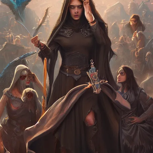 Image similar to beautiful female wizard, daughter of death, surrounded by followers, featured on artstation, 8k highly detailed, intricate oil painting, concept art