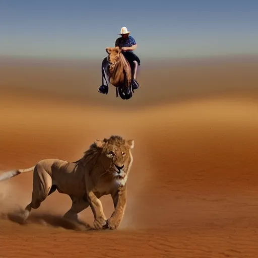 Prompt: bad copy paste photoshop of a man riding a lion in the desert.