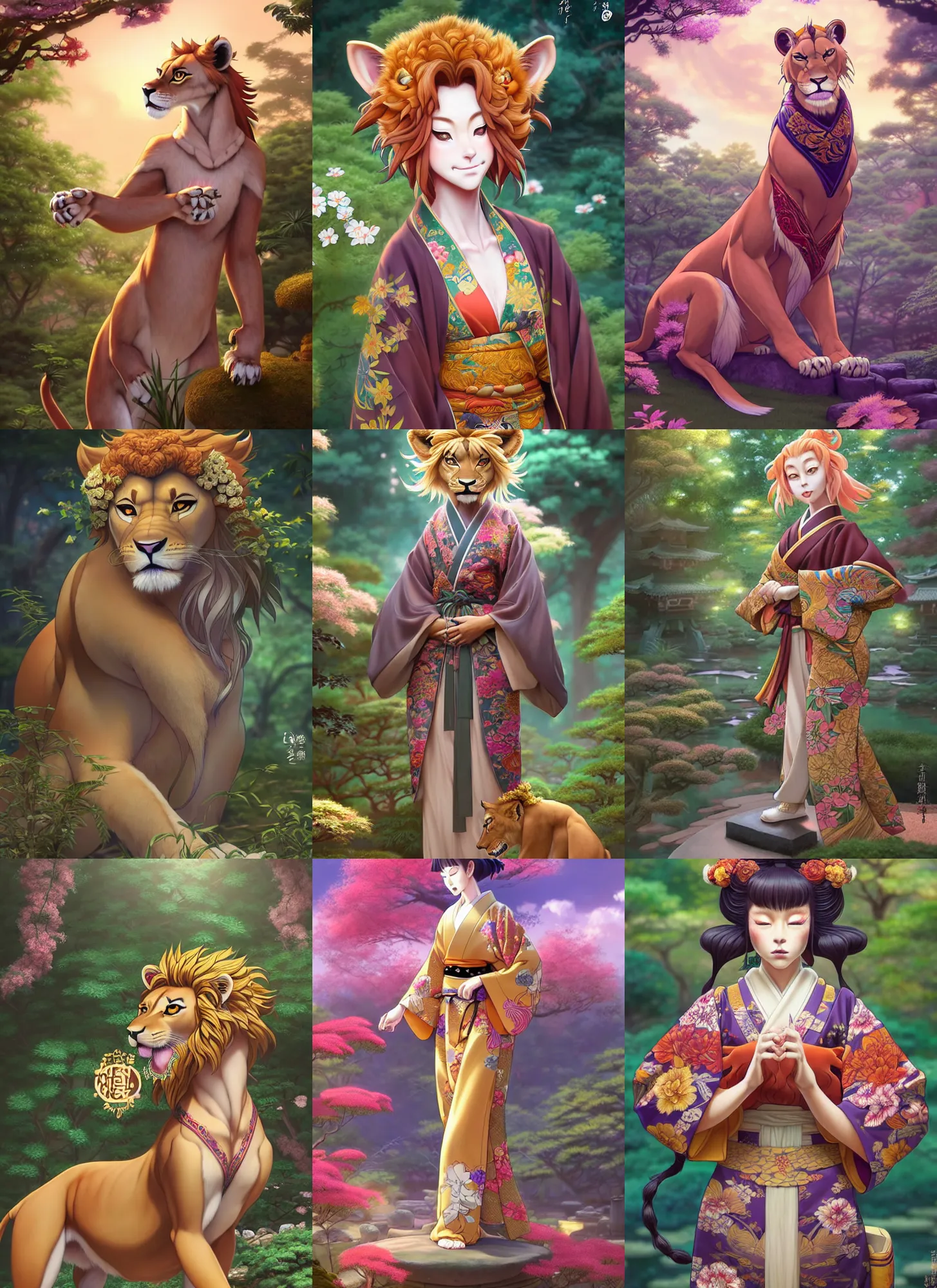 Prompt: beautiful full body portrait of a female anthropomorphic lioness fursona wearing a ornate kimono in a japanese zen garden. character design by disney, anime, manga, charlie bowater, ross tran, artgerm, and makoto shinkai, detailed, soft lighting, rendered in octane