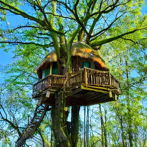 Prompt: a treehouse many branches with with vibrant leaves small round icon