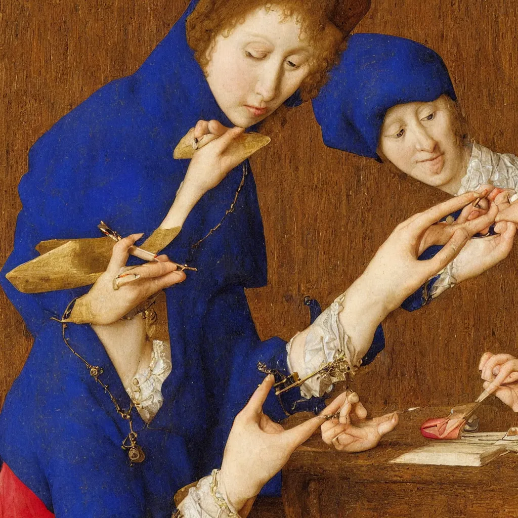 Prompt: close up of the artist hands painting a miniature, lapis - lazuli. painting by jan van eyck