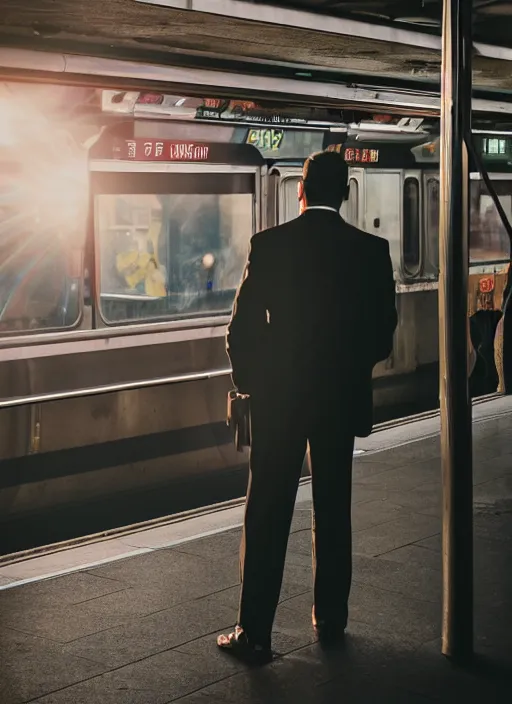 Image similar to a 3 5 mm photo from the back of a businessman standing on a subway platform, splash art, movie still, bokeh, canon 5 0 mm, cinematic lighting, dramatic, film, photography, golden hour, depth of field, award - winning, anamorphic lens flare, 8 k, hyper detailed, 3 5 mm film grain