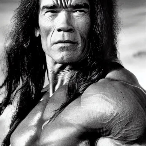 Prompt: a beautiful medium shot of arnold schwarzenegger as conan the barbarian looking off into the distance, long black hair, soft natural light backlit, by annie leibowitz