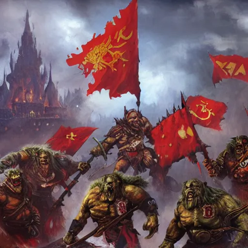 Image similar to Orcs from Warhammer Fantasy with USSR flags are charging by Greg Rutkowski