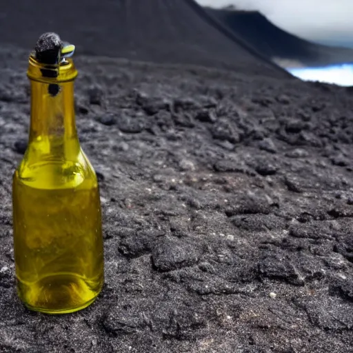 Image similar to symmetrical photo of small bottle standing, volcano background