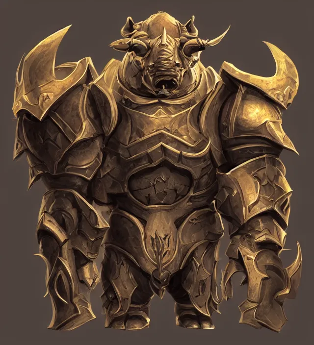 Image similar to “a well rendered anthropomorphic chibi sized rhinoceros portrait, front facing, facing the camera, world of Warcraft armor, subject in the center of the frame, rule of thirds, golden ratio, elegant, digital painting, octane 4k render, zbrush, hyperrealistic, artstation, concept art, smooth, sharp focus, illustration from World of Warcraft by Pixar and Disney and Justin Gerard”