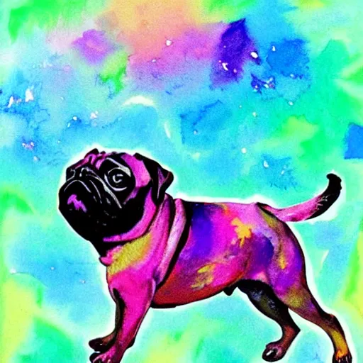 Prompt: a pug floating in space. watercolor. vibrant. amazing painting. beautiful. high resolution. highly realistic. cool tones. close - up.