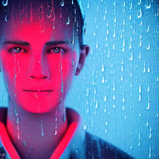 Prompt: a human portrait made out of rain, neon, beautiful, rendered in octane, unreal engine, cinematic