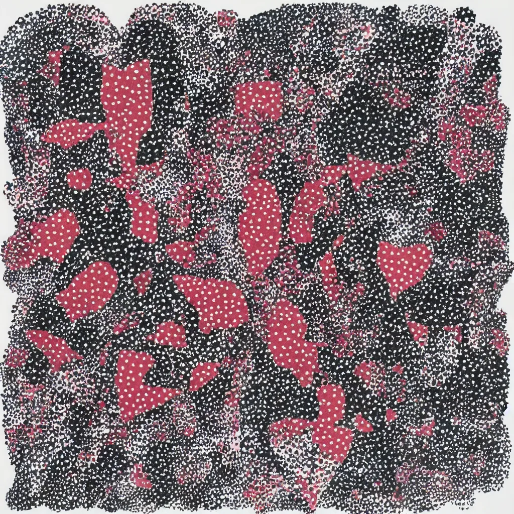 Image similar to camouflage made of hearts, smiling, abstract, rei kawakubo artwork, cryptic, dots, stipple, lines, splotch, color tearing, pitch bending, color splotches, dark, ominous, eerie, minimal, points, technical, old painting