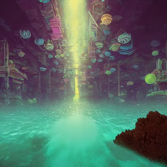 Prompt: Beautiful digital matte painting of a temple underwater in the style of Furality Luma by Liam Wong and Beeple. Bioluminescent phytoplankton, vast expanse, deep underwater, awe-inspiring, comfy, vivid, 35mm, by Sylvain Sarrailh, f/11. By Beeple, colorful vivid, rendered in Unreal Engine