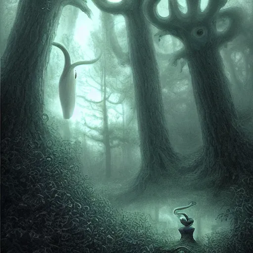 Prompt: a goodra pokemon as a cryptid in a dark ominous forest, foggy, dim lighting, artwork by andrew ferez