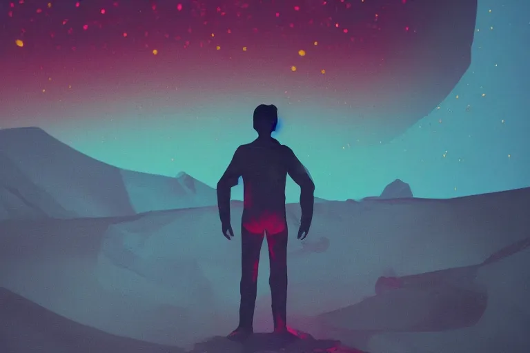 Prompt: a sad human standing on mars in the style of flooko, acrylic art, detailed, moonlight, red lighting, bokeh, synthwave, psychedelic, glitch, neon,