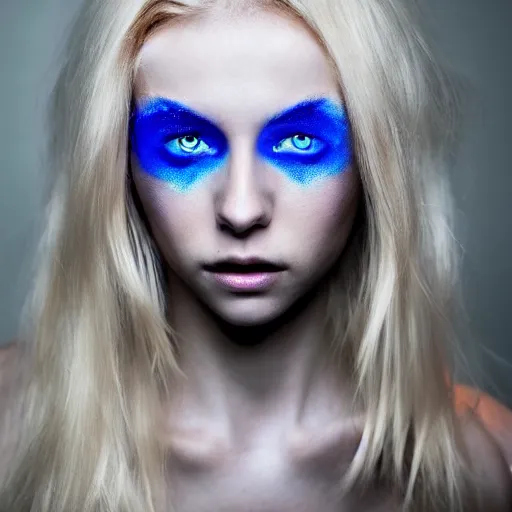 Image similar to A gorgeous blonde with glowing blue eyes, in love, grungy, unkept hair, glowing eyes, modelsociety, radiant skin, huge anime eyes, RTX on, bright on black, dramatic, studio lighting, perfect face, intricate, Sony a7R IV, symmetric balance, polarizing filter, Photolab, Lightroom, 4K, Dolby Vision, Photography Award