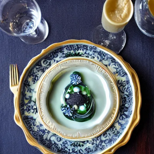 Prompt: sourdough toast covered with butter and caviar on a beautiful porcelain plate with intricate dark blue ornaments, translucent green glass filled with vodka on a table