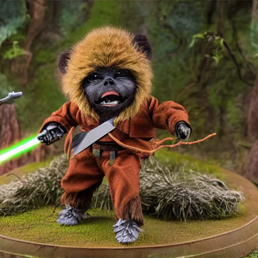 Prompt: star wars ewok running with scissors, forest, science fiction, wicket return of the jedi 1 : 6 scale