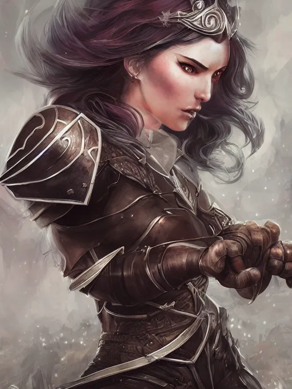 Prompt: a beautiful hyper realistic detailed epic concept art showing a noble knight women with her fist up and her spirit raccoon gradian above her, by artgerm, charlie bowater and harumi hironaka, in the style of dragon age, featured on artstation