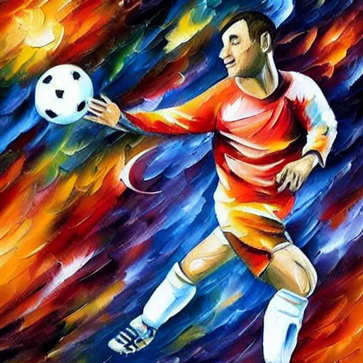 Prompt: a painting of an astronaut playing soccer in a cosmic scenic environment by Leonid Afremov