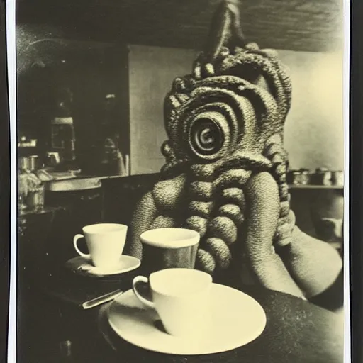 Image similar to a very beautiful old Polaroid picture of lovecraftian monster inside a coffee shop, award winning photography