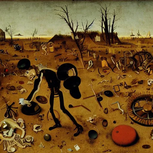 Prompt: a frustrated computer programmer surrounded by parts and dancing skeletons, by bruegel