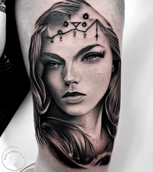 Image similar to amazing blend effect of beautiful mountain scenery with a beautiful woman face, tattoo design sketch, hyper - realistic, in the style of matteo pasqualin, amazing detail, black and white