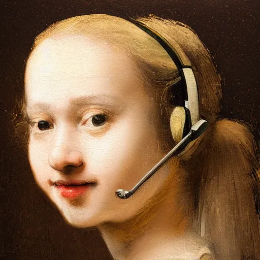 Prompt: A painting of a smiling young lady wearing headphones, in the style of Rembrandt and Leonardo da Vinci, superb resolution, dreamy, perfect face