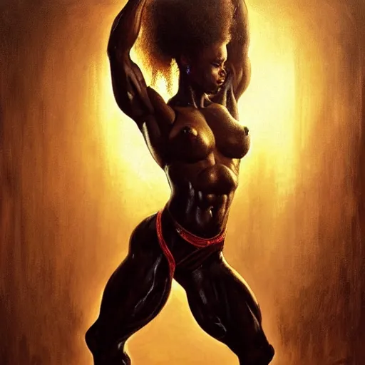 Prompt: : beautiful portrait of a african amazonian woman bodybuilder posing, radiant light, caustics, war hero, metal gear solid, by gaston bussiere, bayard wu, greg rutkowski, giger, maxim verehin