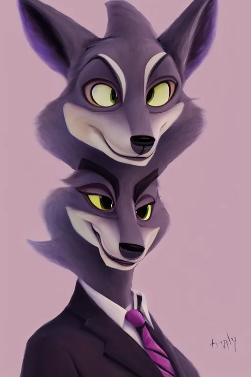 Image similar to oil painting of anthromorphic female wolf, in style of zootopia, female fursona, furry, furaffinity, 4 k, deviantart, furry art, fursona art, wearing black business suit, business suit, wolf fursona, female, very expressive detailed feminine face,