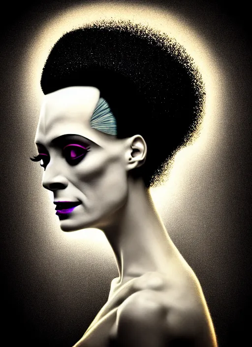 Image similar to high key lighting portrait of a beautiful futuristic bride of frankenstein, kintsugi, modern fine art, fractal, intricate, elegant, highly detailed, digital photography,