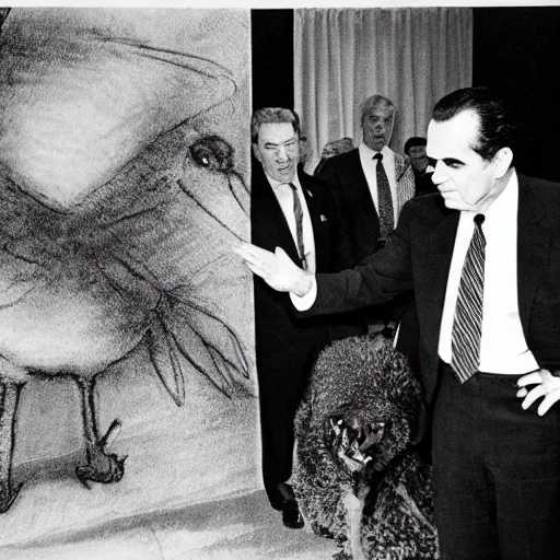 Prompt: Richard Nixon being secretly photographed meeting Big Bird in a park, cia, black and white photo, photorealistic