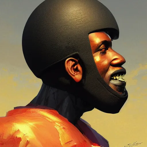 Image similar to side portrait of a goofy looking black guy with a melon helmet that covers only the top of his head by greg rutkowski