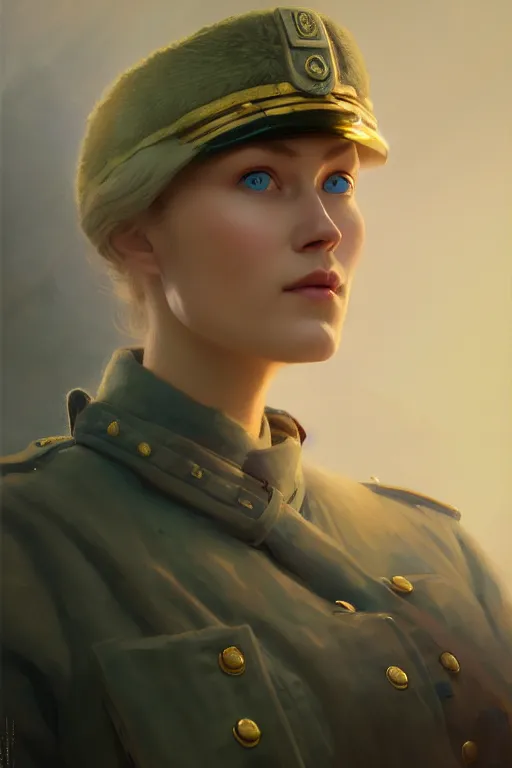 Image similar to a beautiful nordic woman, blue eyes, wearing a world war 1 uniform, extremely detailed digital painting, in the style of fenghua zhong and ruan jia and jeremy lipking and peter mohrbacher, mystical colors, rim light, beautiful lighting, 8 k, stunning scene, raytracing, octane, trending on artstation