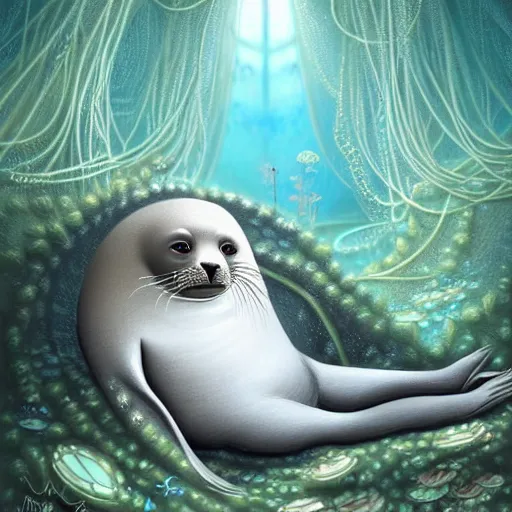 Image similar to beautiful digital fantasy illustration of a Prince in pastel!!!, whimsical acrylic modern pop surrealism, Even Giger-y dark overlords living in the ruins of an ancient system of tunnels and caves like to be comfy every once in a while!, A seal sleeping peacefully in a kelp forest, highly detailed, soft lighting, rendered in octane, masterpiece, very very very aesthetic