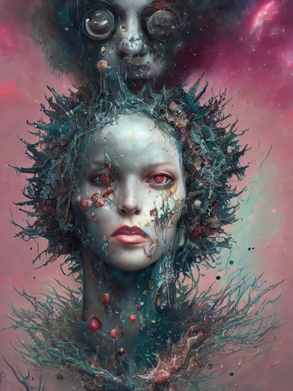 Image similar to a splatterpunk portrait of the contemplation of the universe, hyperrealistic, award-winning, in the style of Tom Bagshaw, Cedric Peyravernay, Peter Mohrbacher