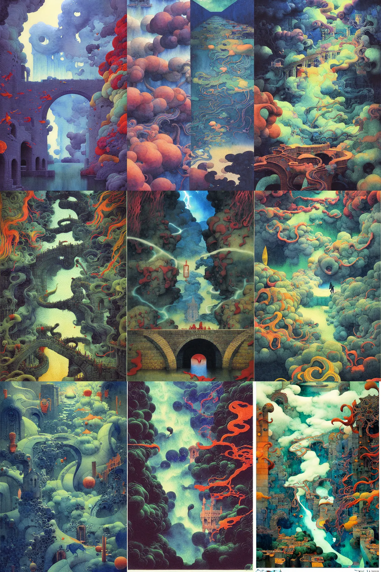 Prompt: dixit card!!!!, twisted waterway, aqueducts, dark fantasy. intricate, amazing composition, colorful watercolor, by ruan jia, by maxfield parrish, by shaun tan, by yoshitomo nara, by escher, by gigier illustration, dream, storm, lightning, volumetric