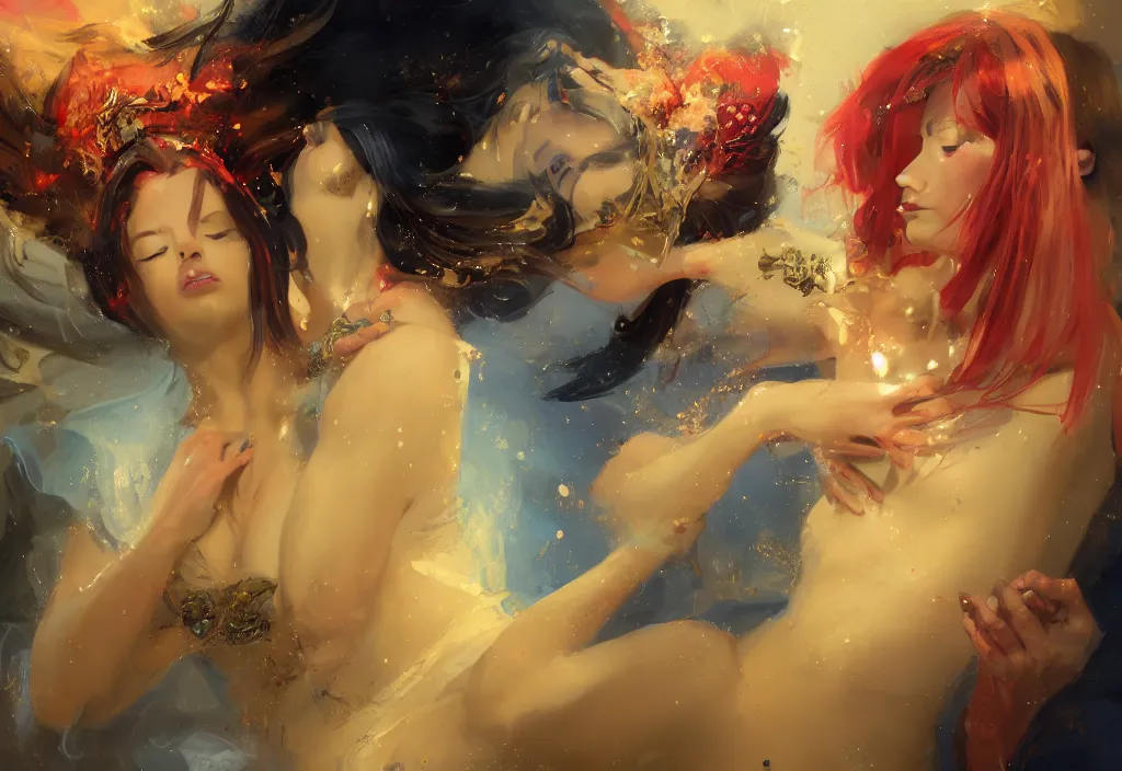 Image similar to full body portrait of a duo of 1 9 years old girl figures, oriental tattoos, jeweled ornament over forehead, subject wearing a used bedsheet, flowing, beautiful, dramatic, theatrical, cinematic lighting, ultramarine, lemon, fire red, few vivid highlights, visible brushstrokes, by greg rutkowski and jeremy mann, artstation, oil on canvas