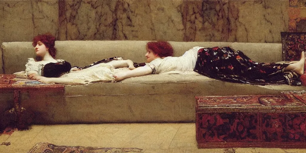 Prompt: A girl reclining on a sofa by Lawrence Alma-Tadema, orientalism,