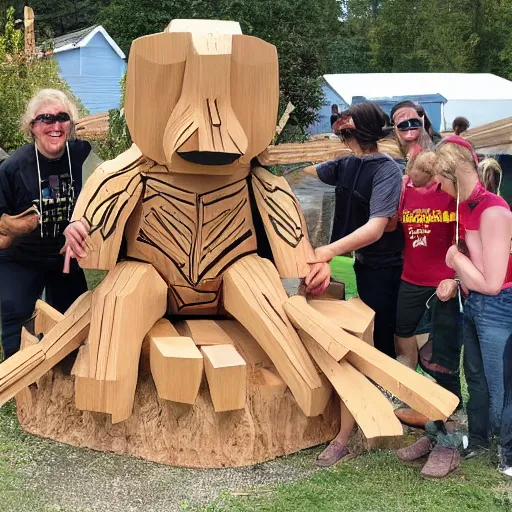 Prompt: photo of beavers making a large wooden sculpture of ironman,