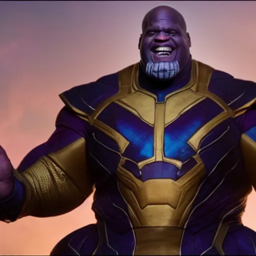 Prompt: Film still of Shaquille O'Neal as Thanos, from Marvel Avengers